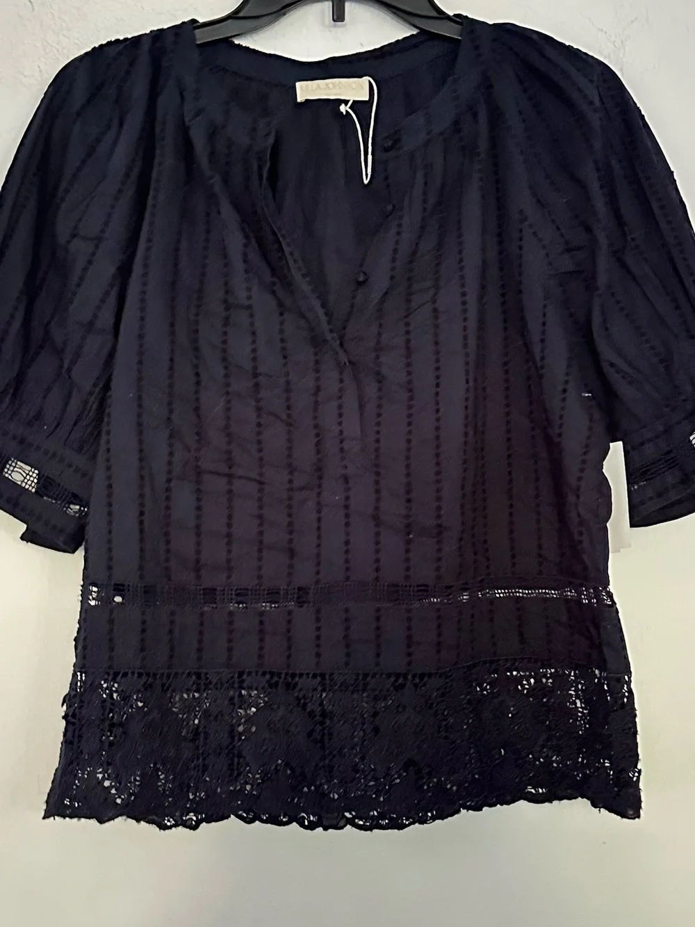 Ulla Johnson Navy Pintuck Lace-Trim Blouse